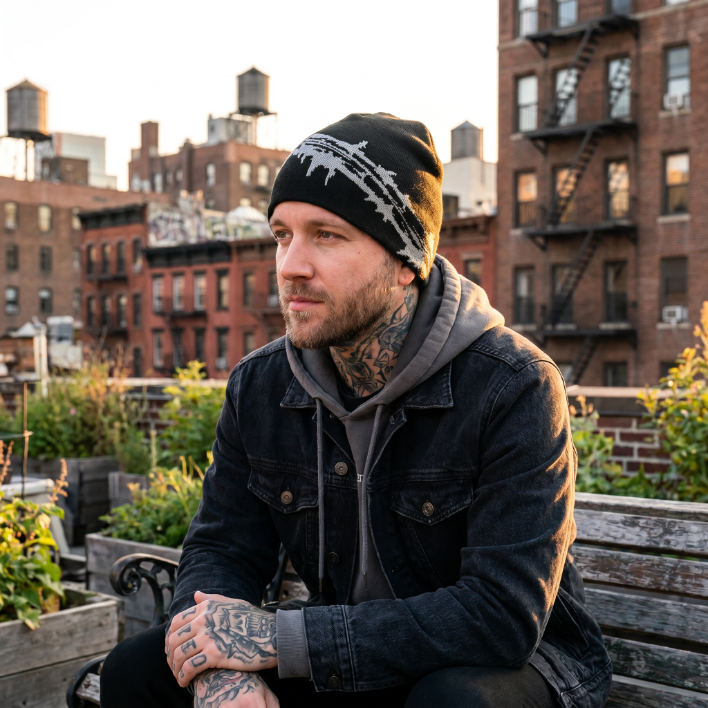 Man with tattoos sitting on a rooftop with urban buildings in the background
