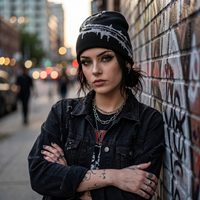 woman wearing razor wire beanie leaning on brick wall 