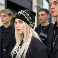 blonde woman wearing razor wire beanie
