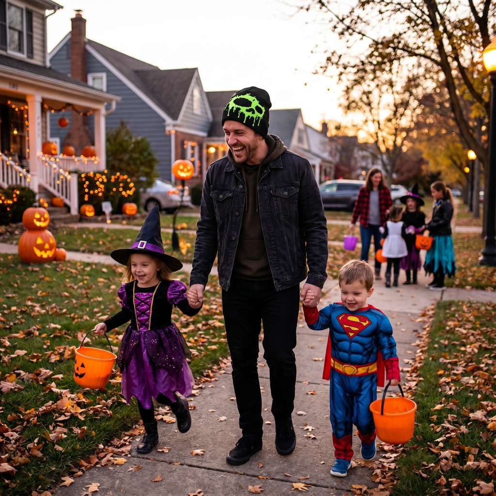 dad wearing toxic slime beanie with 2 kids at halloween 
