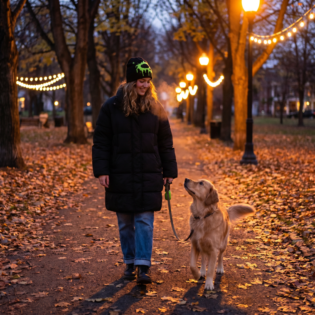 woman in beanie walking dog on path