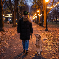 woman in beanie walking dog on path