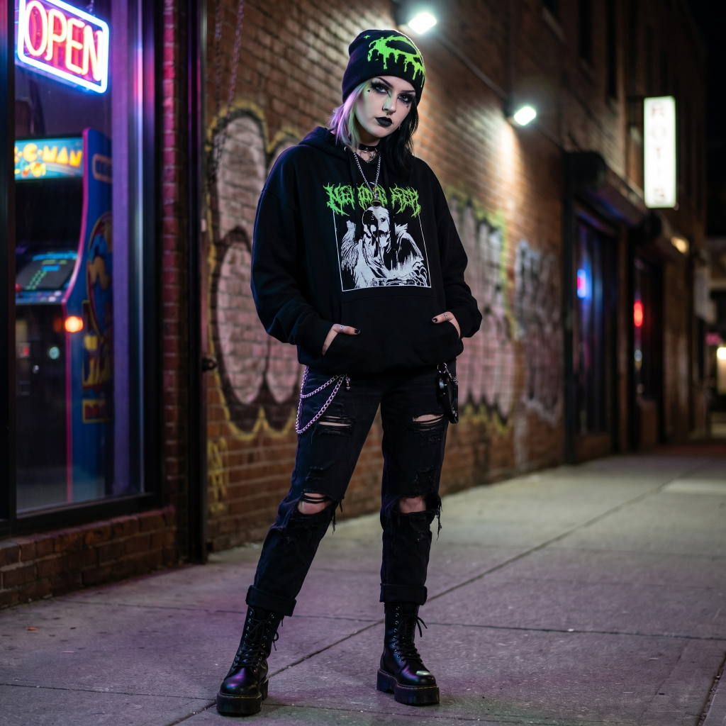 goth girl wearing toxic slime beanie in alley 