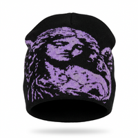 Black beanie with purple angel design on a white background