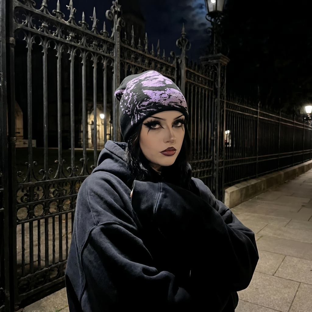 Person wearing a dark hoodie and patterned beanie standing in front of an ornate metal gate at night.