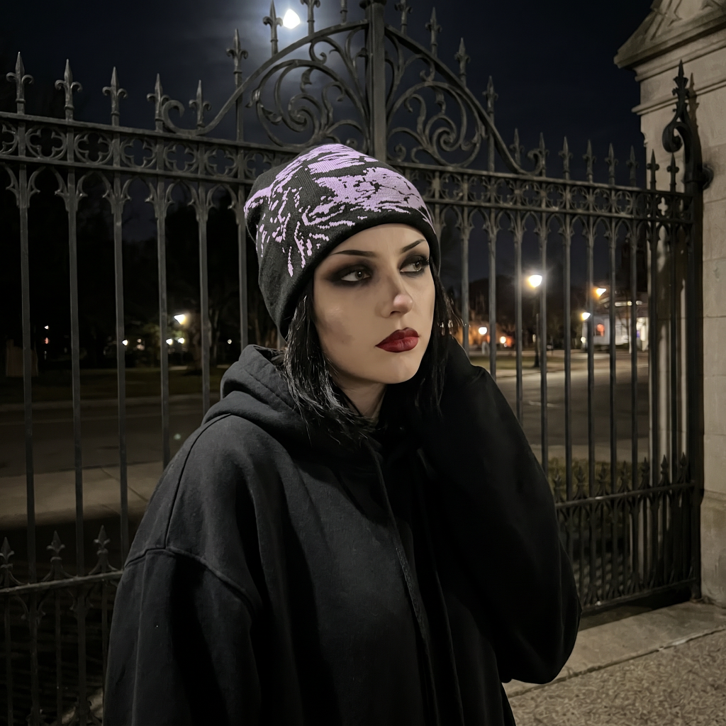 Person wearing a dark outfit and headscarf standing in front of an ornate metal gate at night.