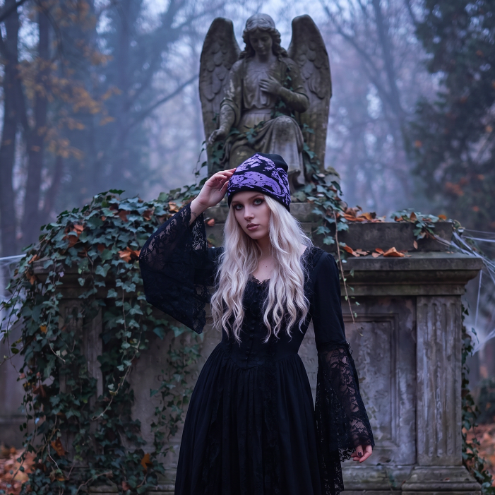 Woman in a black dress standing in a cemetery with pumpkins and an angel statue.