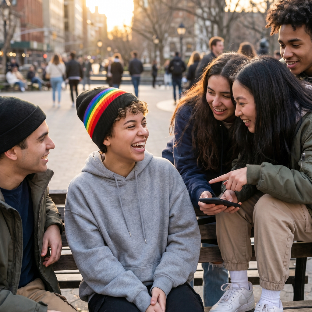Group of young people sitting on a bench in an urban park, smiling and looking at a phone.