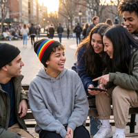 Group of young people sitting on a bench in an urban park, smiling and looking at a phone.