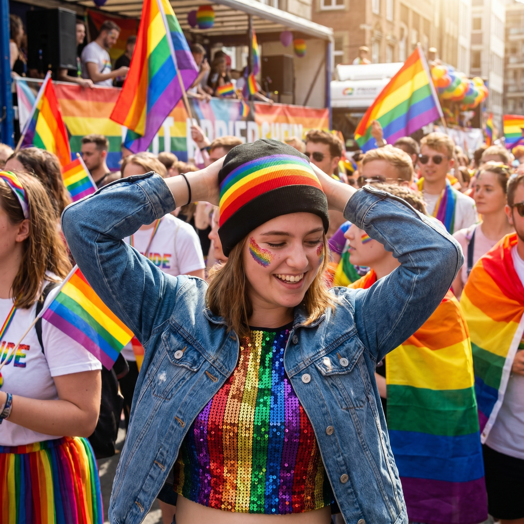 Person wearing a rainbow beanie and colorful top at a pride parade with others holding rainbow flags.