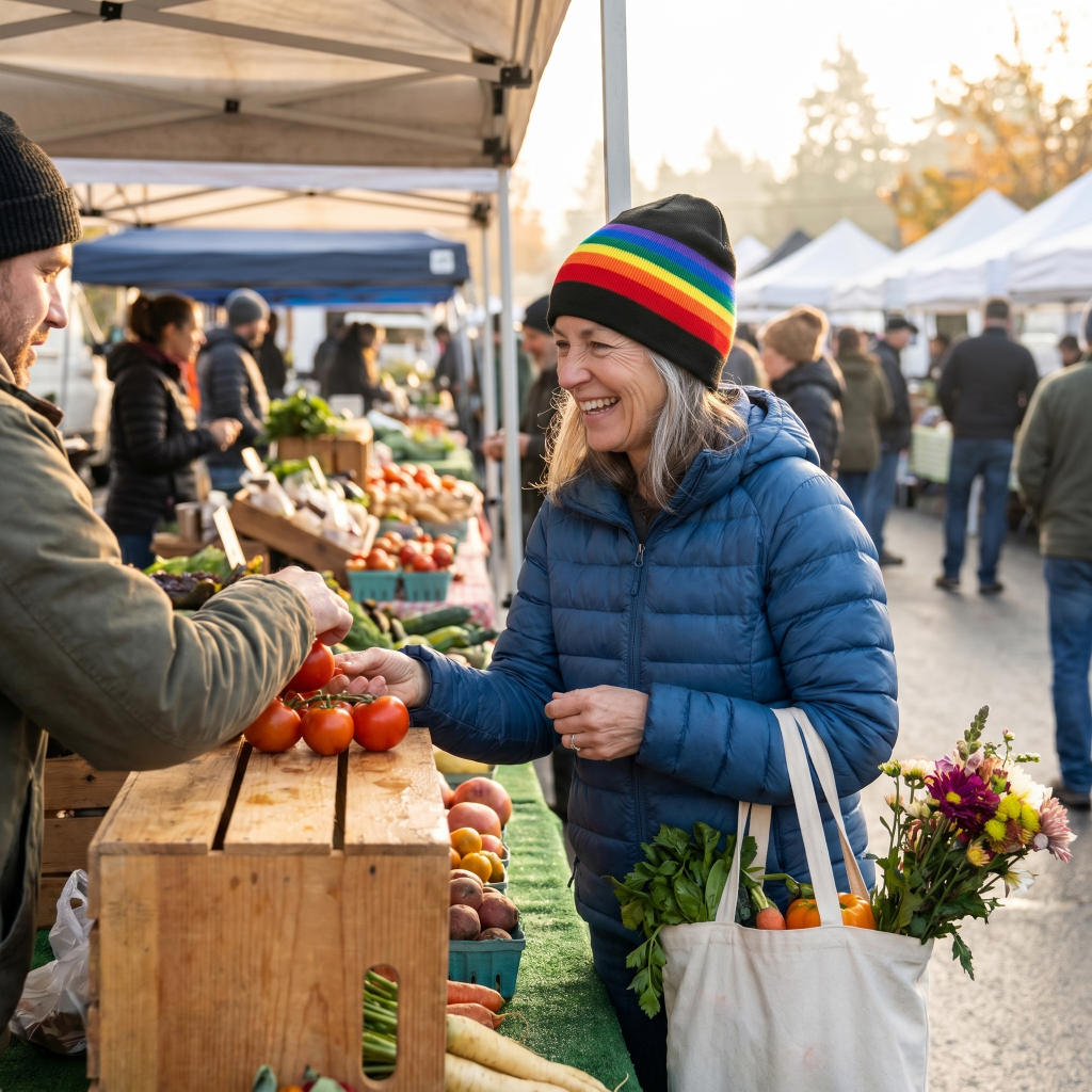 Woman in blue jacket and rainbow beanie buying vegetables at an outdoor farmers market.