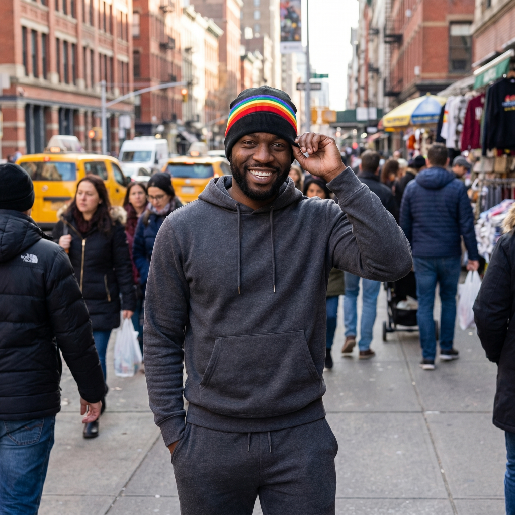 Man wearing a colorful beanie and gray hoodie on a busy city street