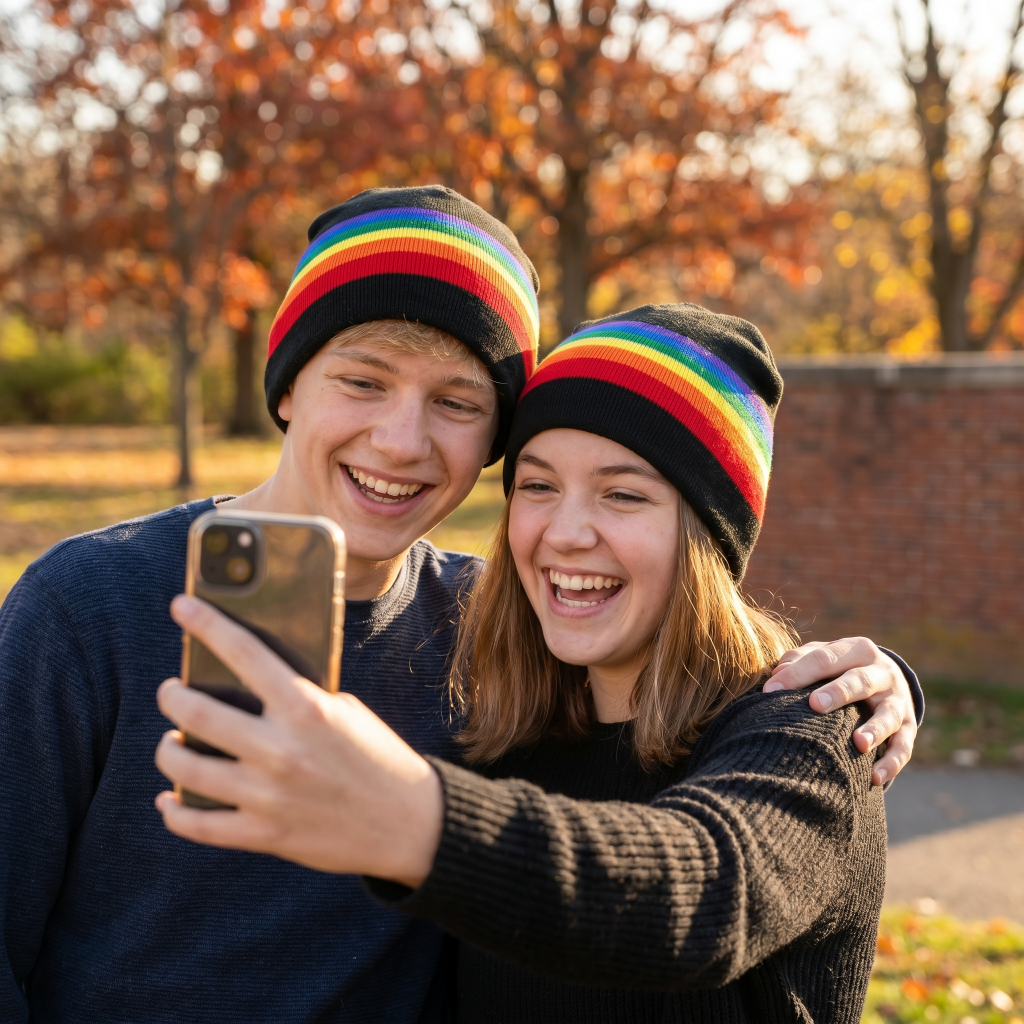Two people wearing rainbow beanie hats taking a selfie outdoors with trees in the background.