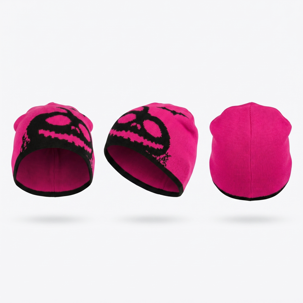Three pink beanies with black patterns on a white background