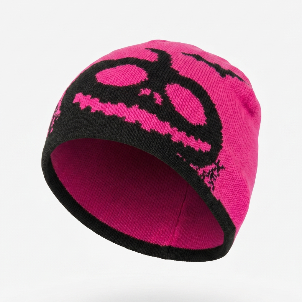 Pink and black beanie with skull design on a white background
