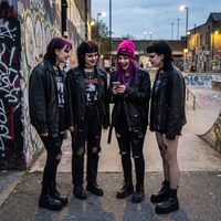 Four individuals in gothic fashion standing against a graffiti-covered wall.