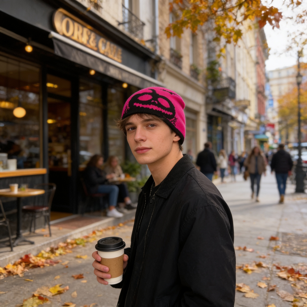 Person holding a coffee cup on a city street with a cafe in the background