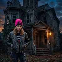 Person wearing a pink beanie and black jacket in front of an old, eerie house with a dark sky.