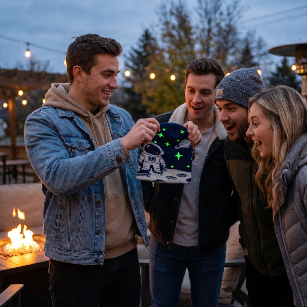 Four friends gathered around a fire pit, one holding a glowing beanie