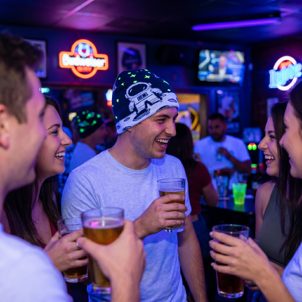 People socializing in a bar with drinks and neon signs.