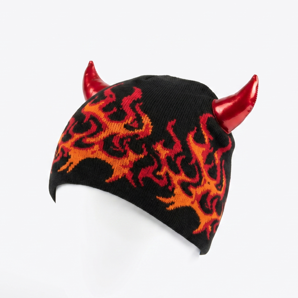 Black beanie with flame pattern and red horns on a white background