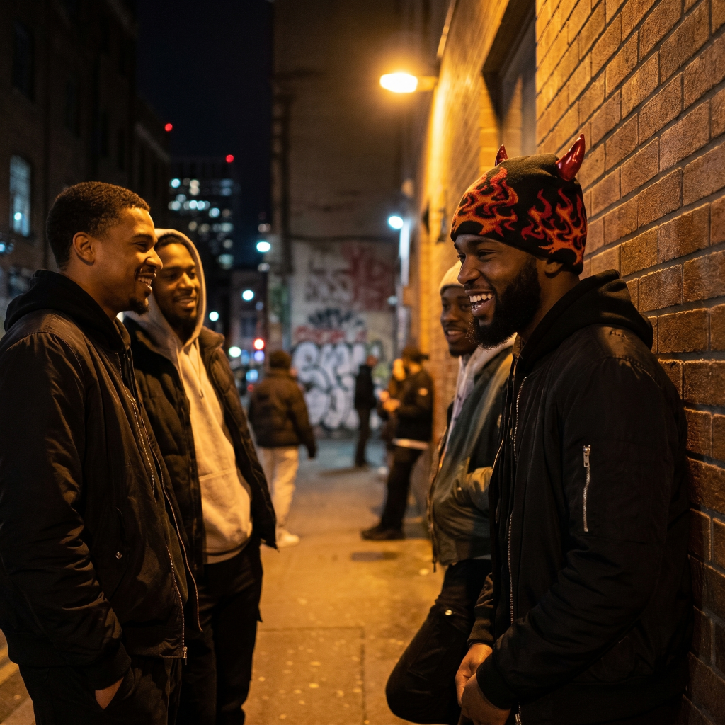 Group of people standing on a street at night with graffiti on the wall.