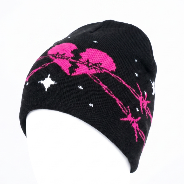 Black beanie with pink and white designs on a white background
