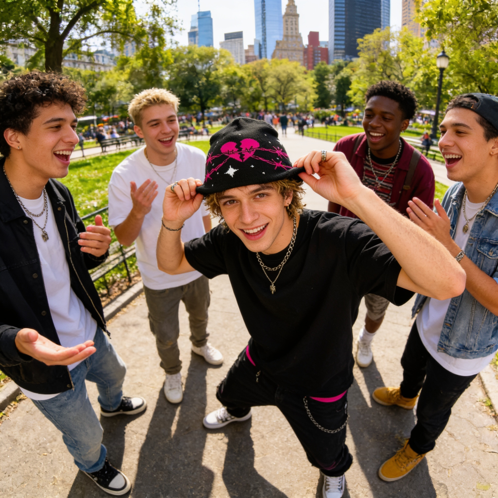 Group of young people in a park with a city skyline in the background