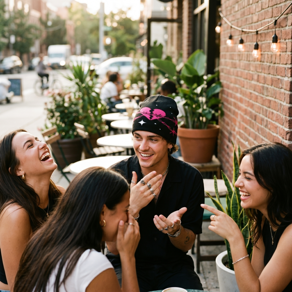 Group of friends laughing together outdoors near a brick building with plants.