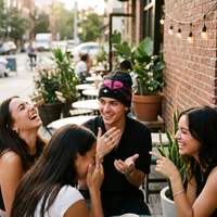 Group of friends laughing together outdoors near a brick building with plants.