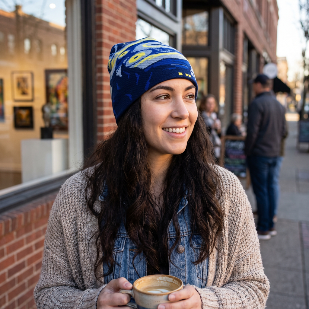 Starry Night beanie on a woman holding coffee