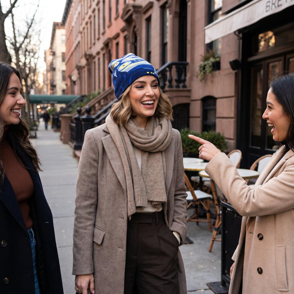 Woman in tan scarf wearing starry night beanie 