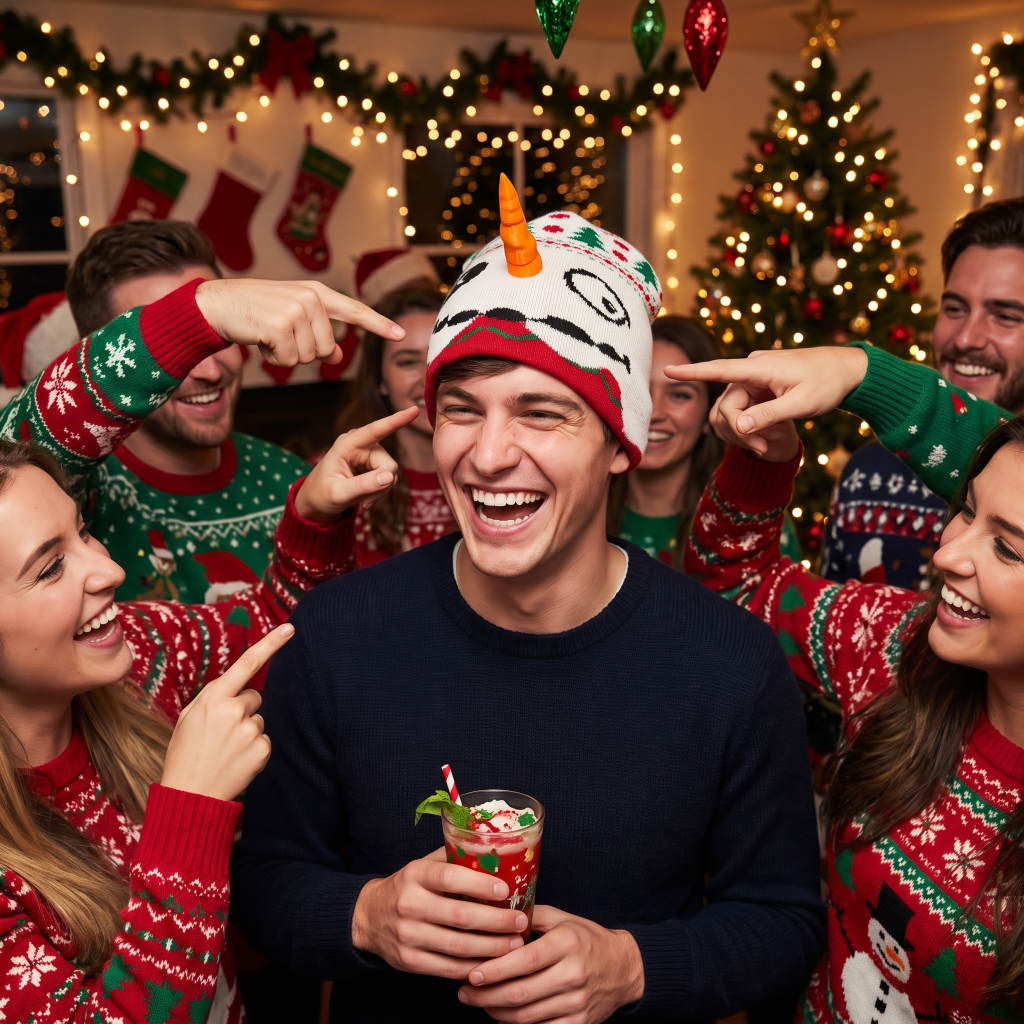 Group of people in festive Christmas sweaters pointing at a person holding a drink, with a decorated Christmas tree in the background.