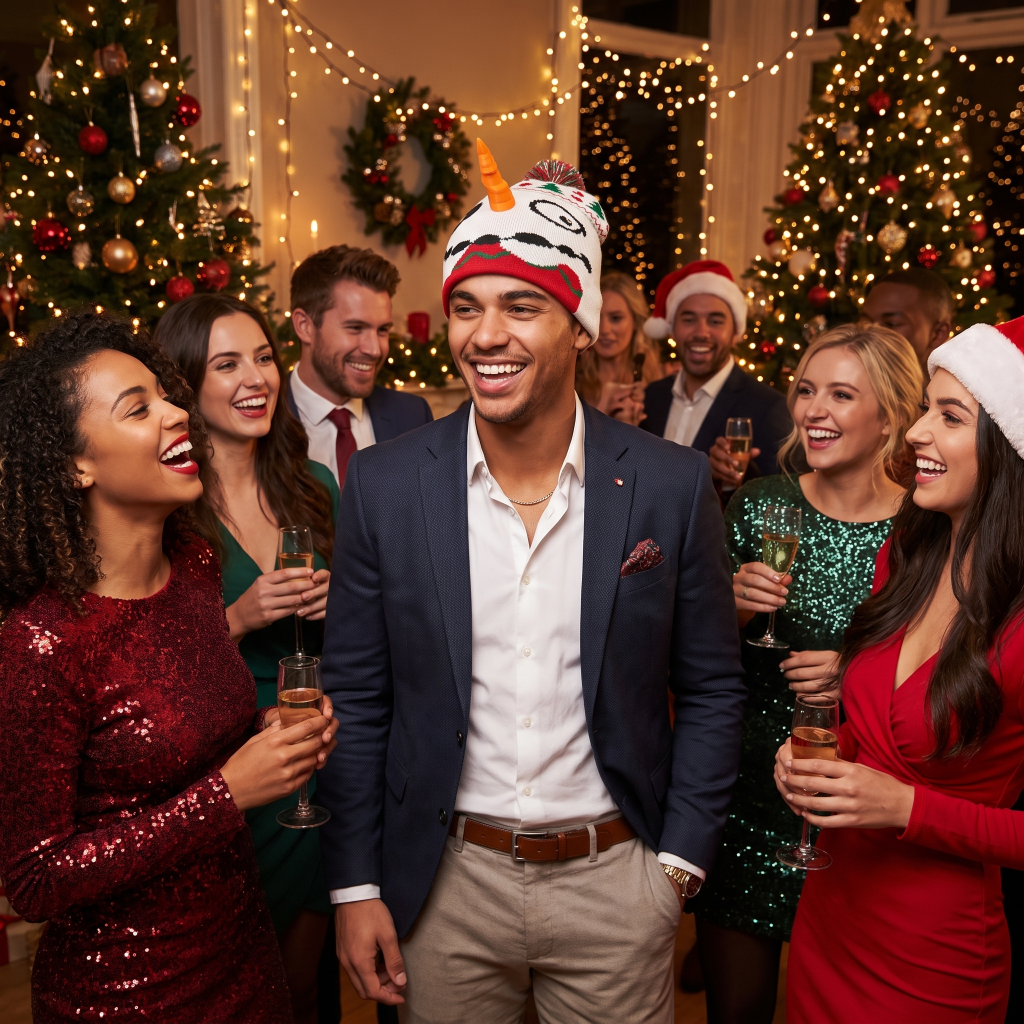 Group of people celebrating Christmas with decorated trees and lights in the background.