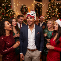 Group of people celebrating Christmas with decorated trees and lights in the background.