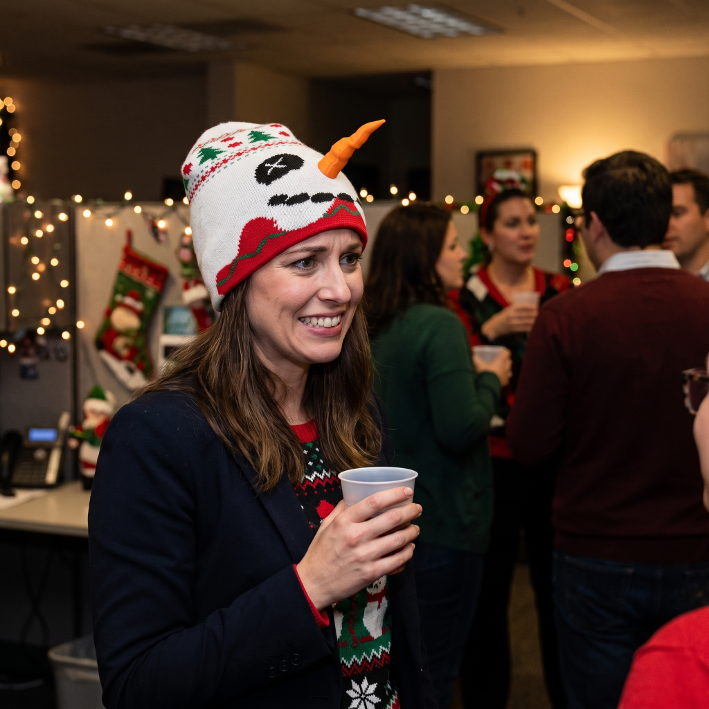 Woman wearing a festive hat and sweater, holding a cup, in a holiday-themed office setting.