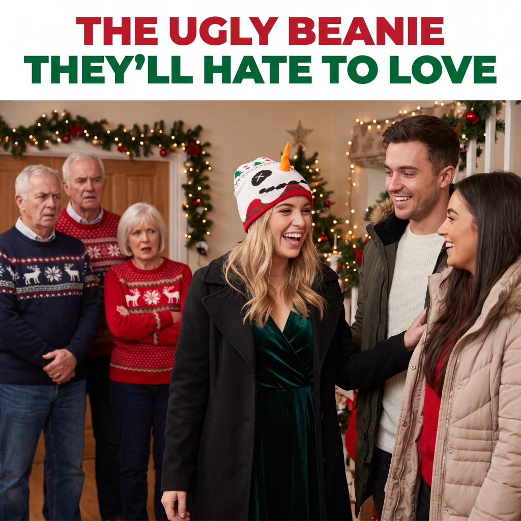 Group of people in festive clothing with a woman wearing an 'ugly beanie' in a decorated room.