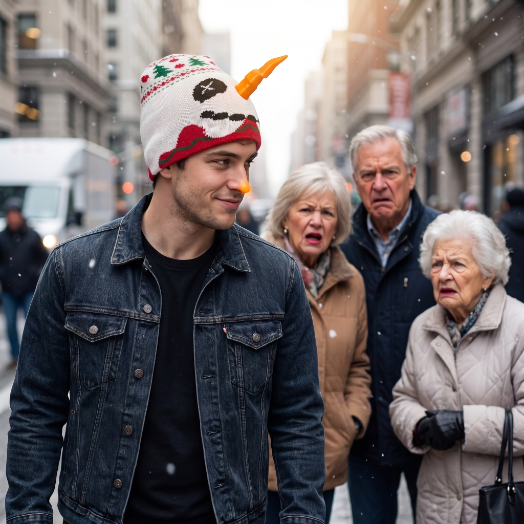 Man wearing a snowman-themed beanie on a city street with elderly people