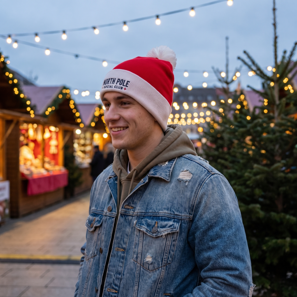 A man wearing a red and white 'North Pole' Santa hat and a distressed blue denim jacket, standing at an outdoor Christmas market with string lights and holiday stalls in the background.