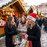 Three women laughing at a snowy outdoor Christmas market, with one wearing a red and white Santa hat that reads 'NORTH POLE'. They are holding Christmas shopping bags in front of decorated wooden market stalls with warm string lights.