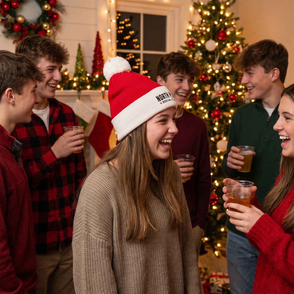 A group of young adults celebrating indoors around a decorated Christmas tree, with the central focus on a woman wearing a red and white Santa hat with a pom-pom. The hat has the text 'NORTH pole' printed on the front.