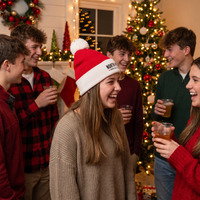 A group of young adults celebrating indoors around a decorated Christmas tree, with the central focus on a woman wearing a red and white Santa hat with a pom-pom. The hat has the text 'NORTH pole' printed on the front.