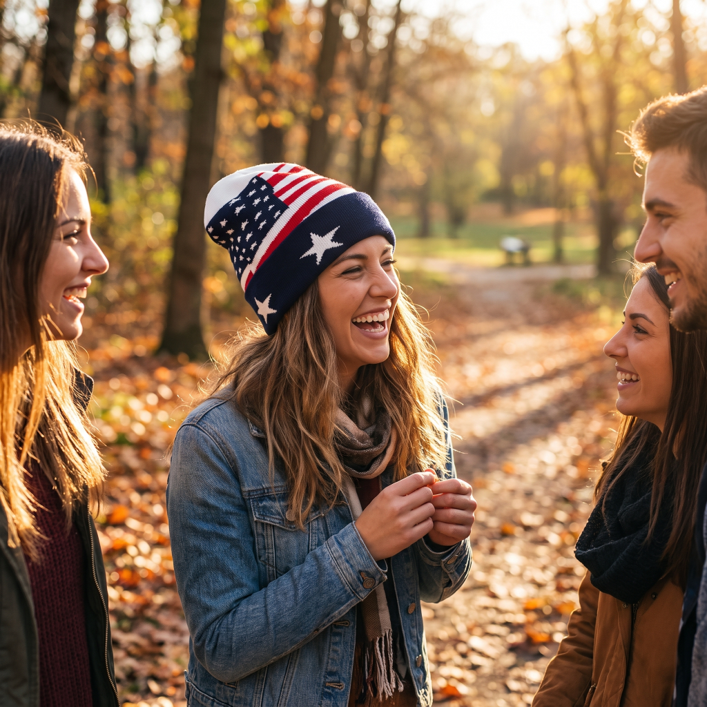 woman wearing american flag beanie with friends 