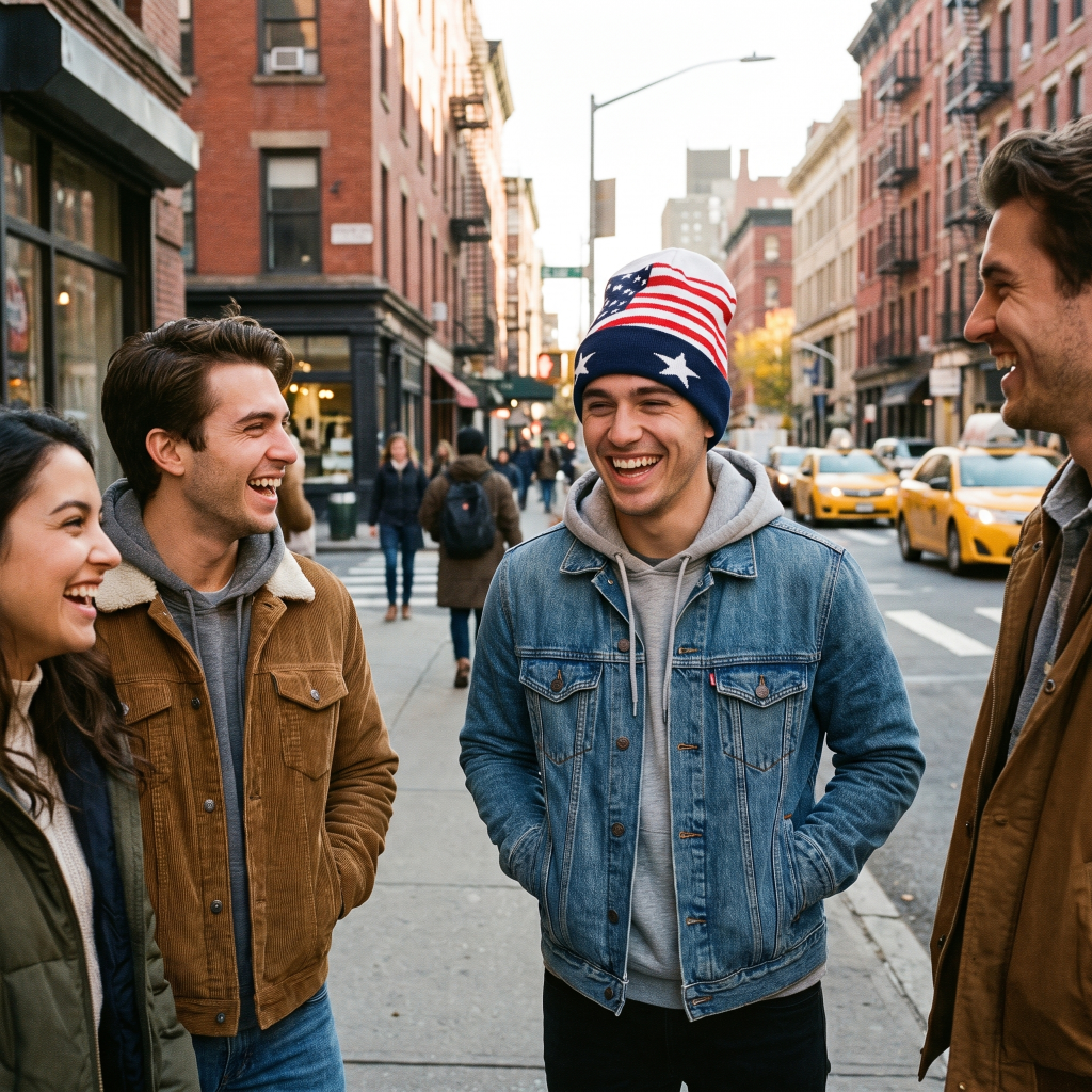 man in denim wearing american flag beanie 