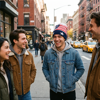 man in denim wearing american flag beanie 