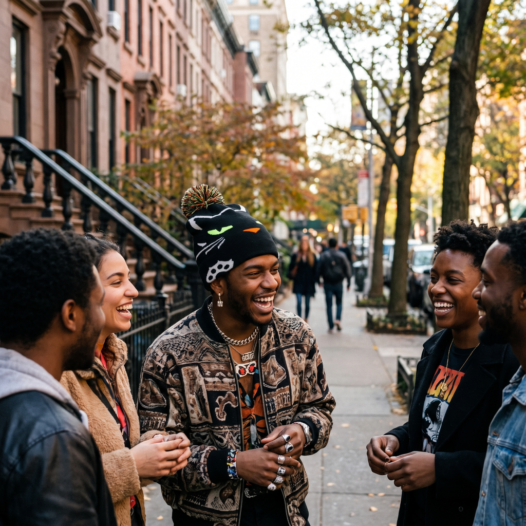 man wearing bad kitty beanie with friends in a street 