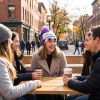 woman wearing kitty beanie in city 