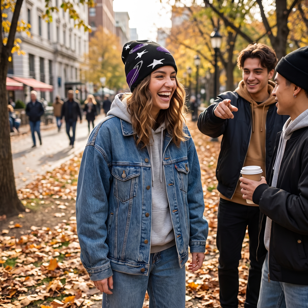 Woman in park wearing space themed beanie