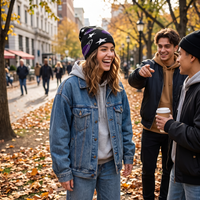 Woman in park wearing space themed beanie