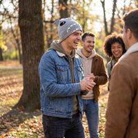 Man laughing wearing denim jacket and shark beanie